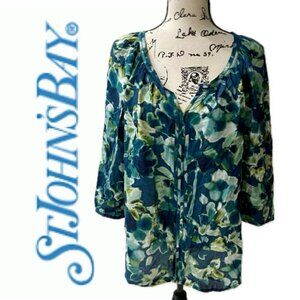 New water floral boho puff sleeves aqua Rayon blouse St. John’s Bay